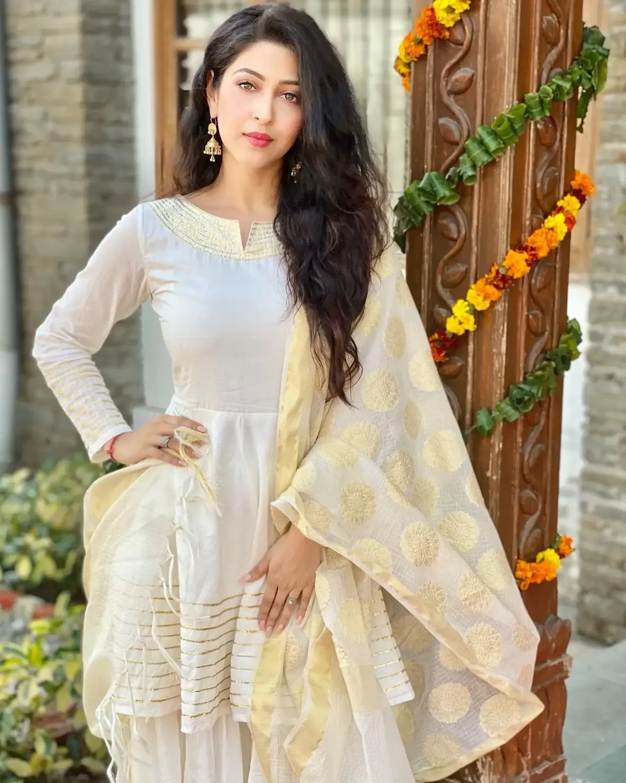 North Indian Actress Sonarika Bhadoria in Traditional White Dress